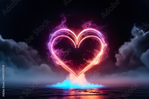 A heart with multicolored neon light and smoke. Dark background. Fantastic landscape. AI 