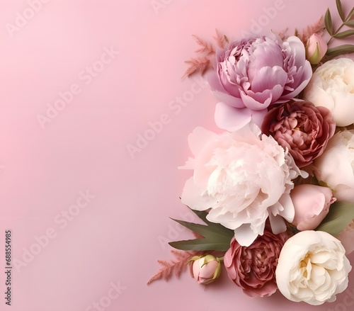 Elegantly arranged flowers roses on a light pink background.