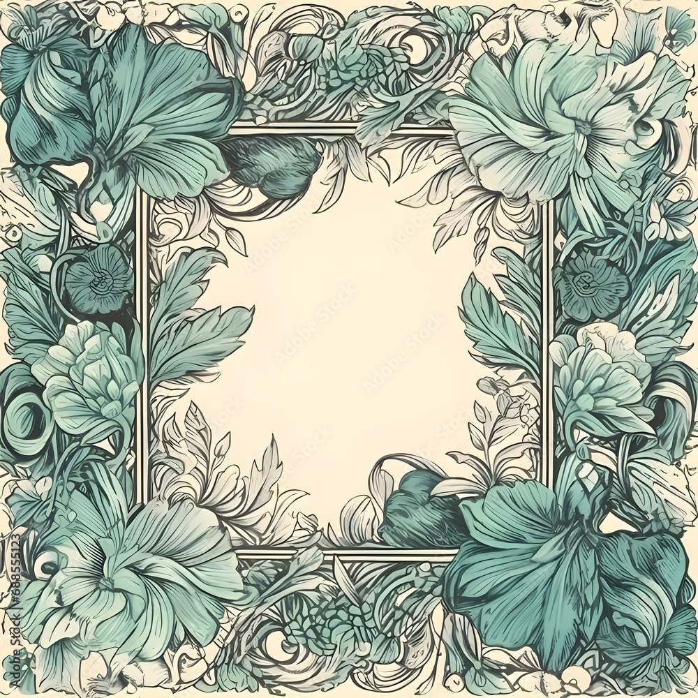 Frame with many flowers and leaves on a light background.