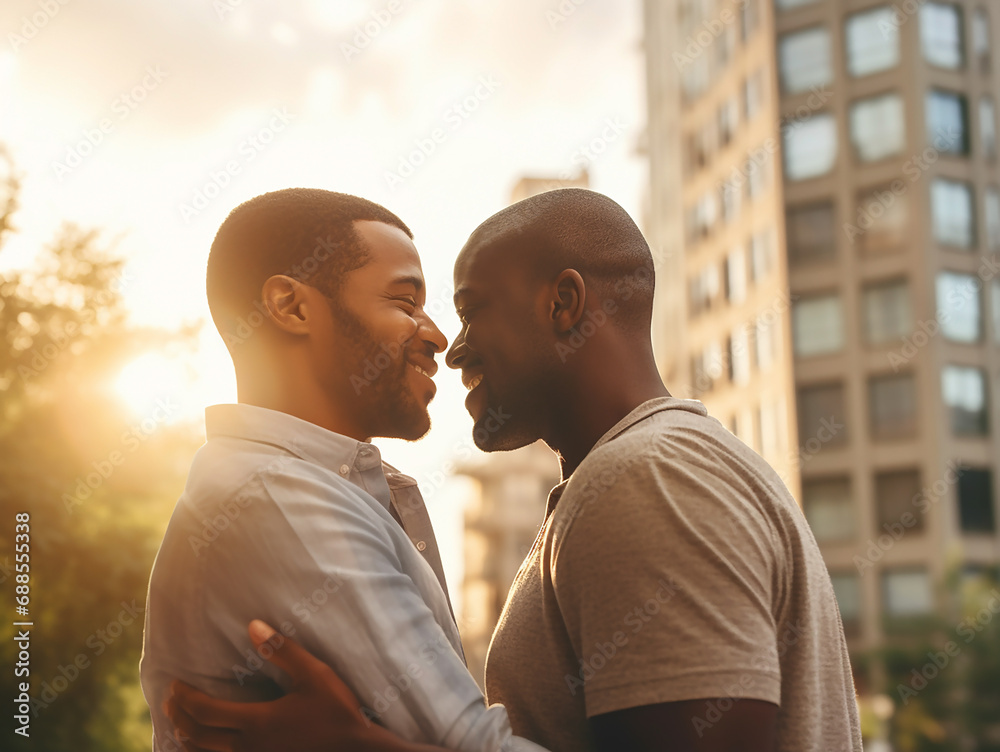 Two happy beautiful young African American men in love hugging on a summer city street