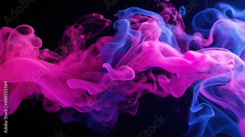 Ink water, Paint drop, Smoke cloud, Fluid blend, Blue pink color glowing vapor splash on black