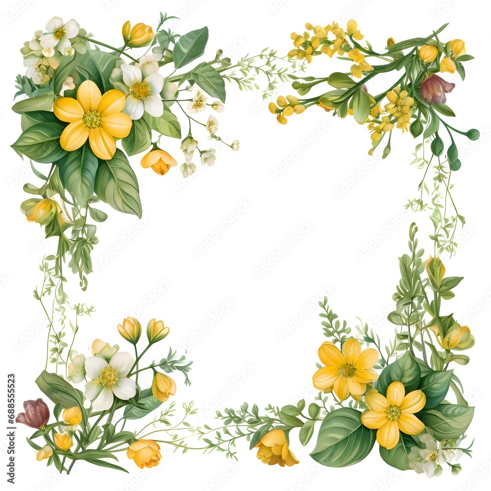 Frame with yellow flowers and leafs on white background.