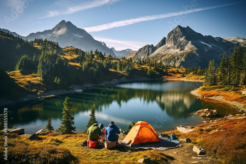  Hikers work together to set up camp near a serene mountain lake, showcasing teamwork and outdoor survival skills in a wilderness camping environment. 