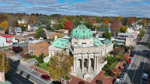 Handley Library in downtown Winchester, VA. Aerial view of downtown in autumn.