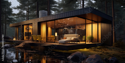 modern cabin cabin in the forest with outdoor lounge