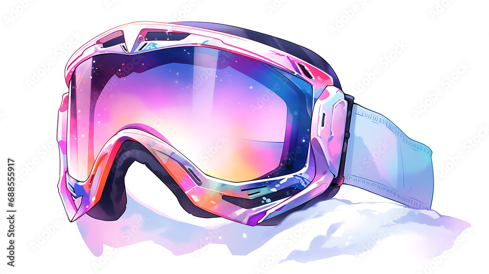 ski goggles on snow in watercolor style with drops, isolated on a white background.  - obrazy, fototapety, plakaty 