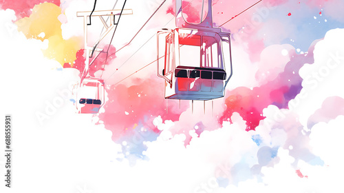 Ski lift in the snowy mountains in watercolor style with drops  isolated on a white background. 