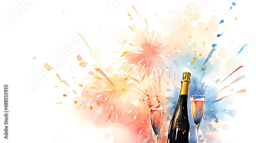 fireworks in the sky in watercolor style with drops, isolated on a white background. 