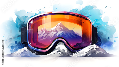 ski goggles on snow in watercolor style with drops  isolated on a white background. 