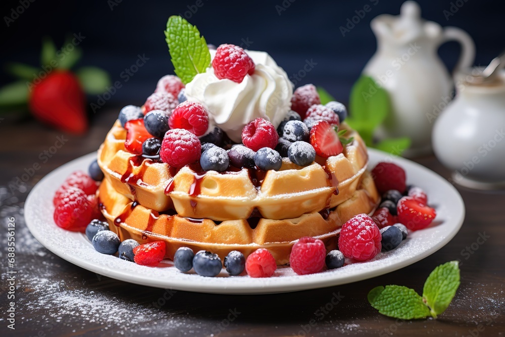 waffles with berries, cream, and mint on top waffles with berries, cream, and mint on top