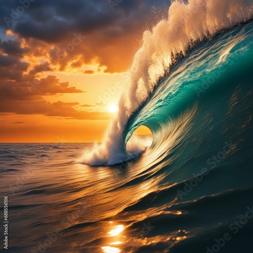 Peaceful sea waves with sunset generative ai © Park Seongmin