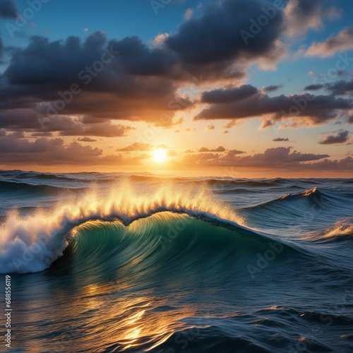 Peaceful sea waves with sunset generative ai