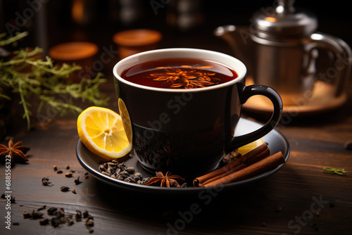 A cup of tea with citruses and spices. Generated by artificial intelligence
