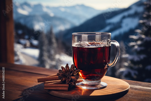 A glass of hot mulled wine with spices on a wooden tabletop with a view of the mountains. Generated by artificial intelligence
