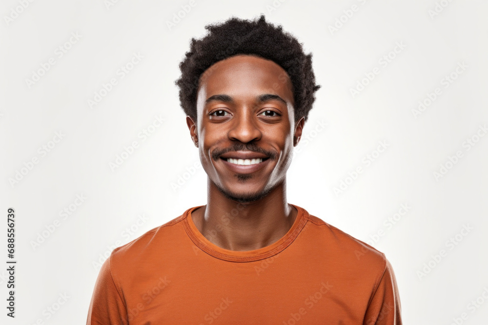 Head shot of african american smiling man wearing t-shirt, looking at camera