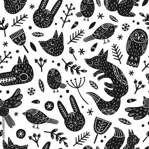Winter seamless pattern with animals and plant in Scandinavian style. Vector hand-drawn texture with black silhouettes of animals and birds with Scandi ornaments for textile or wrapping paper