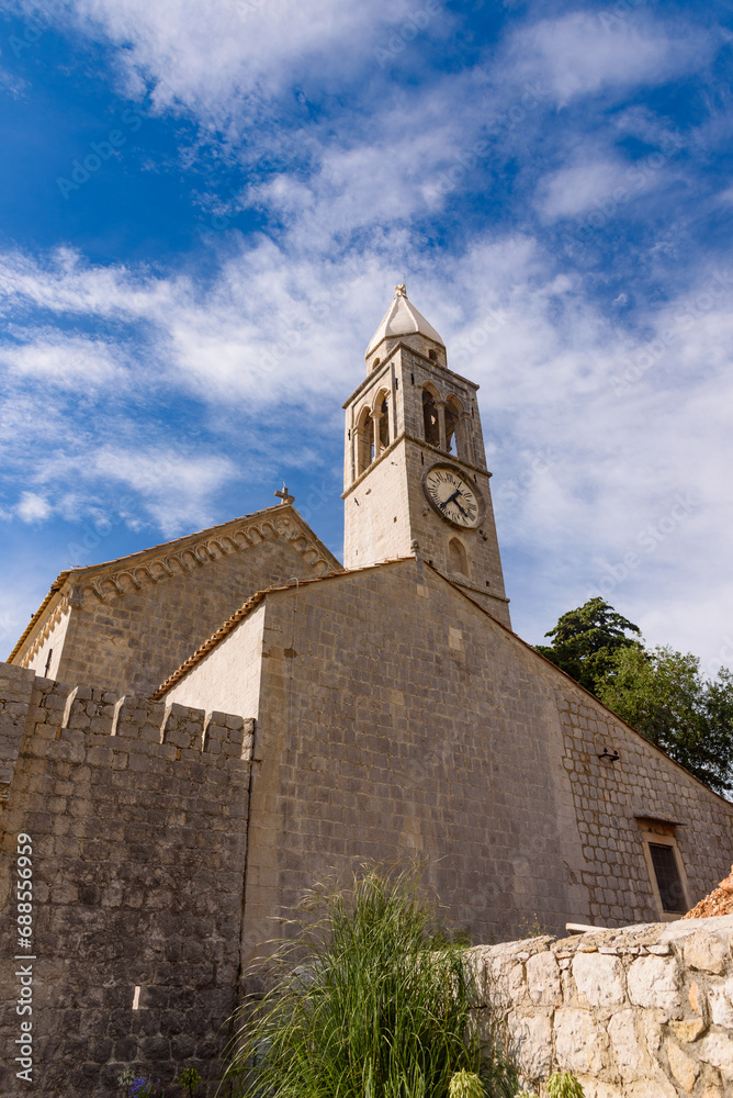 Fototapeta premium Lopud, Croatia - August 09, 2023: Church Holy Mary of Spilice, Lopud, Elaphiti Islands, Croatia
