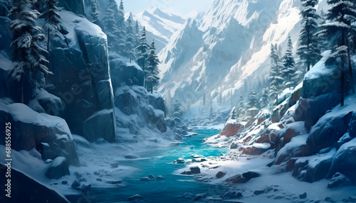 A deep gorge with high ice walls covered with snow. Spruce trees decorate the slopes with snowflakes, and a frozen river flows below.