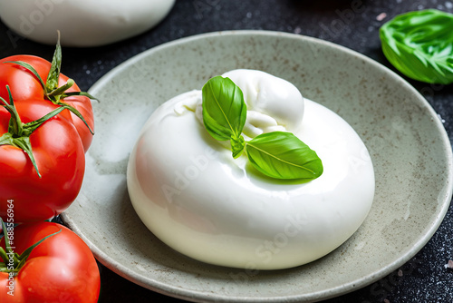 Fresh Italian burrata with tomatoes and basil on a plate on a black table, top view. Burrata cheese ball made with mozzarella and cream. Healthy food