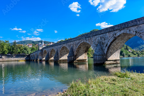 Visegrad, Bosnia and Herzegovina - August 13, 2023: Famous bridge on the Drina in Visegrad, Bosnia and Herzegovina. Mehmed Pasa Sokolovic Bridge on Drina River