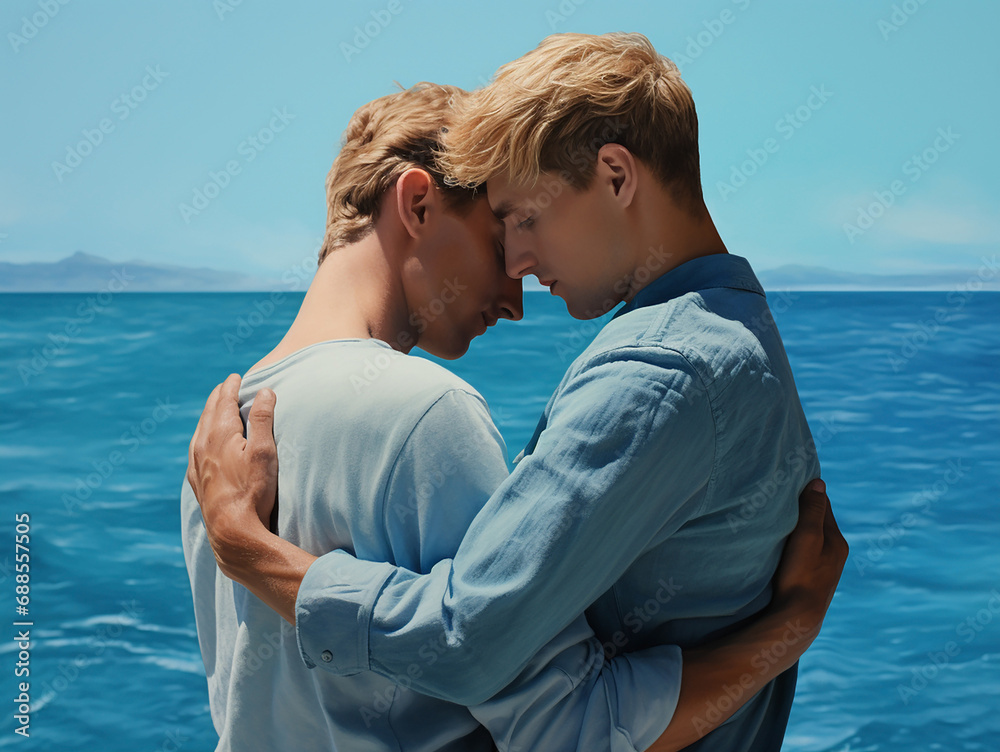 Two young beautiful blonde men in love hugging against the background of the blue sea