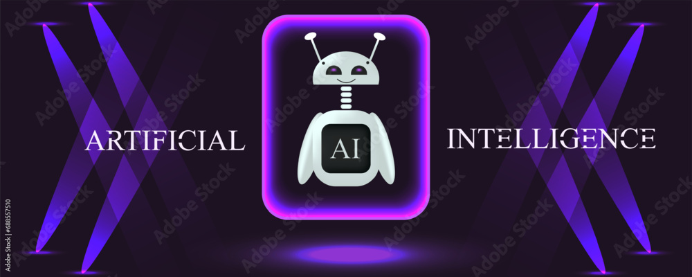 3d Artificial Intelligence Character in light square on black background. Chat Robot in spotlight. Vector illustration can used web site, banner, poster and social media. 3d Artificial Intelligence Character in light square on black background. Chat Robot in spotlight. Vector illustration can used web site, banner, poster and social media.