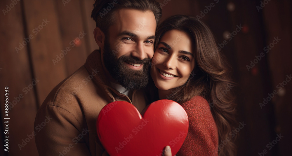 Couple in love holding big red heart and smiling. Couple in love holding big red heart and smiling.