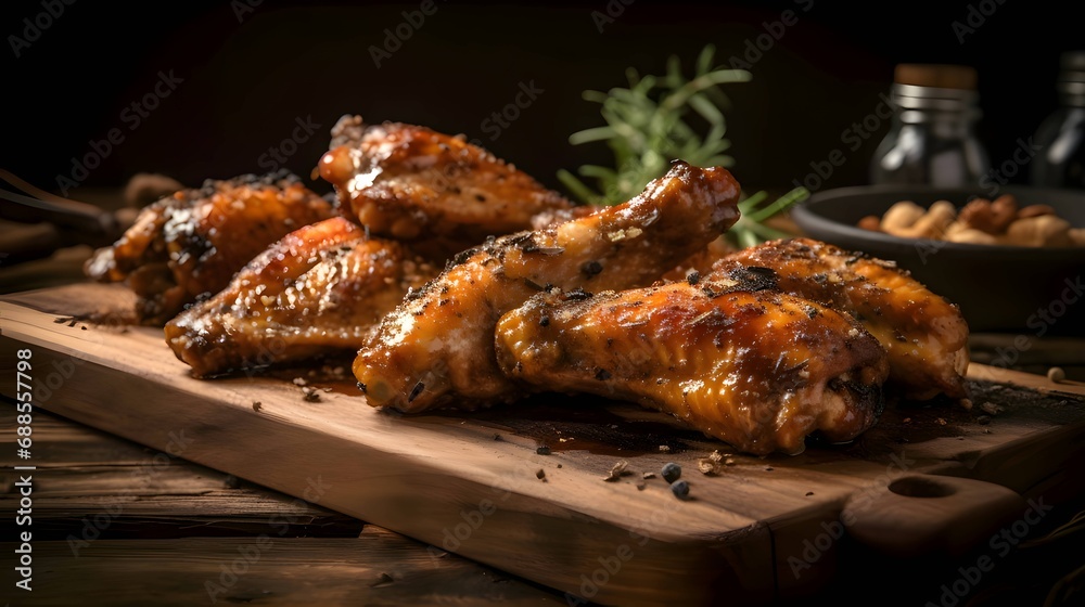 Grilled chicken wings on grill roasted chicken with rosemary baked chicken thighs on wooden board