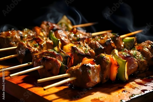 Shish kebab on the grill, grilled meat with vegetables, shashlik kebab on skewers wooden kitchen board photo