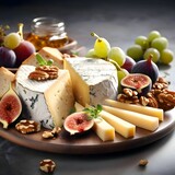Cheese, honey, nuts, bread and figs on a cutting kitchen wooden board. Blurred background.
