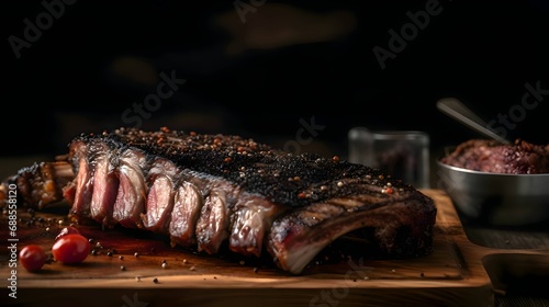 Grilled beef steak with rosemary, lamb chops, pork ribs, cutting kitchen wooden board.