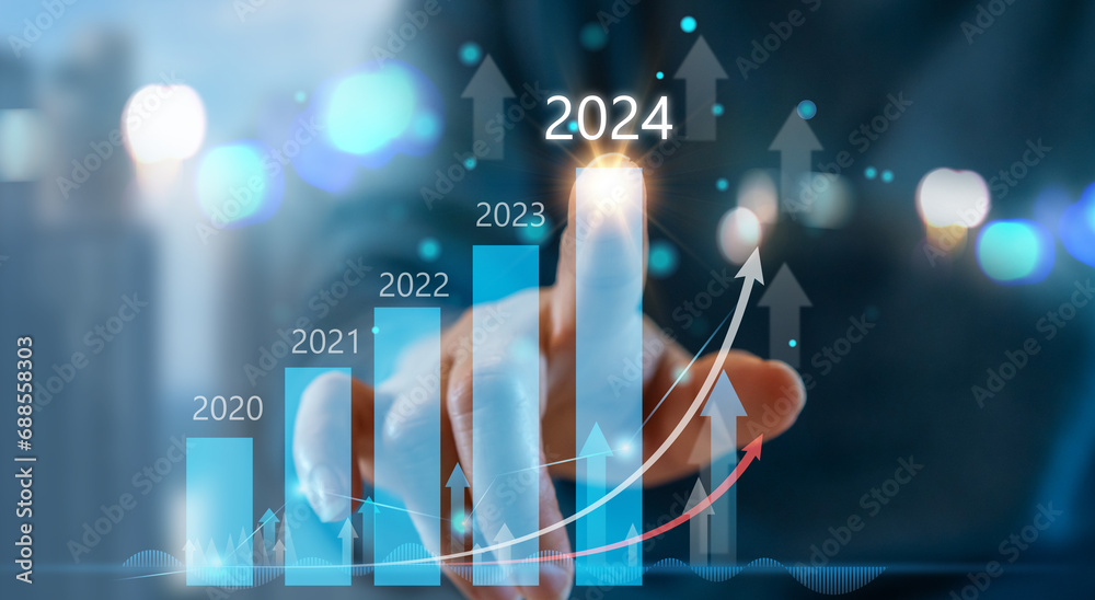 Human with 2024 new year target sale profit and arrow business financial investment graph, business growth, money, 2024, chart, target, investment, funds, saving money, banking, marketing and profit - obrazy, fototapety, plakaty 