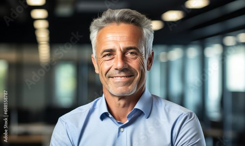 Confident Mature Businessman Smiling in Office Setting, Portrait of a Professional Executive with Grey Hair and Blue Shirt.