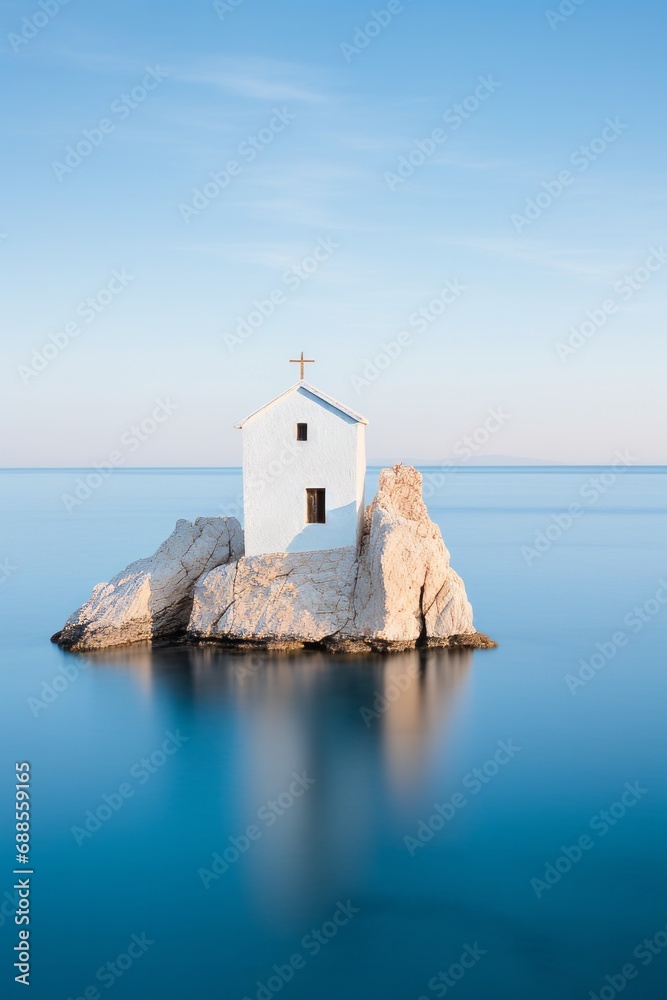 Minimal long exposure Photography of a white and blue church on a rock in the middle of the sea on a Greek island