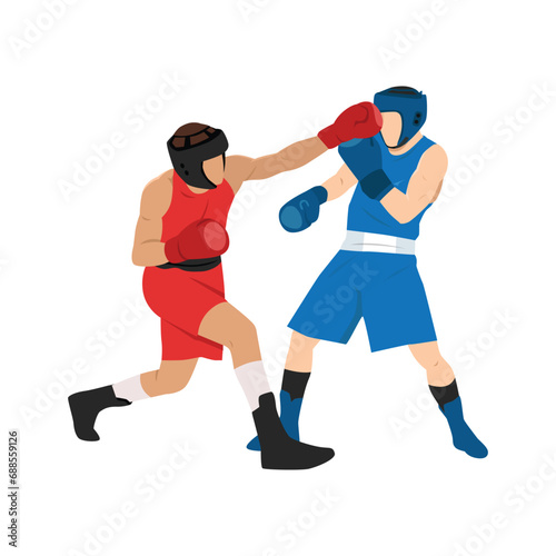 Two boxers fighting. Battle spectacle event with knockdown between professional sportsmen in sportswear. Flat vector illustration isolated on white background
