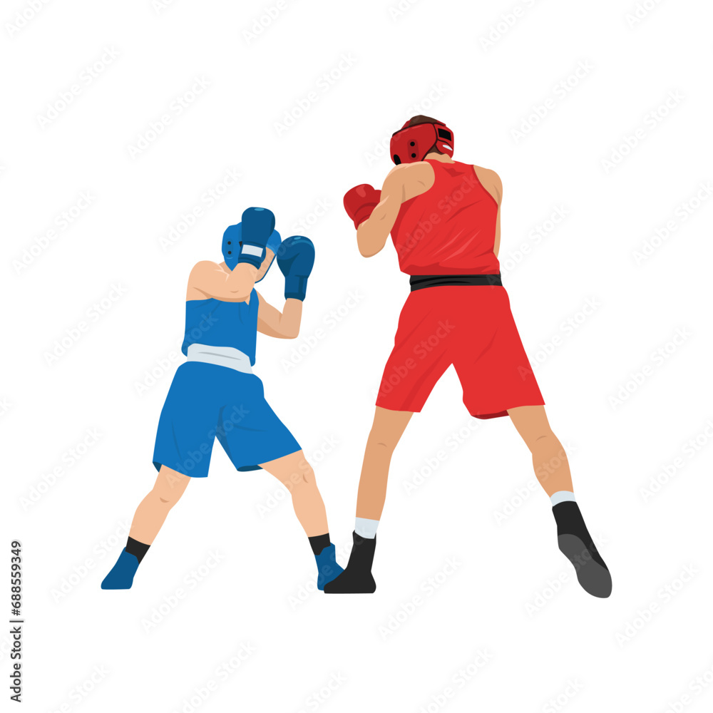 Two boxers fighting. Battle spectacle event with knockdown between professional sportsmen in sportswear. Flat vector illustration isolated on white background