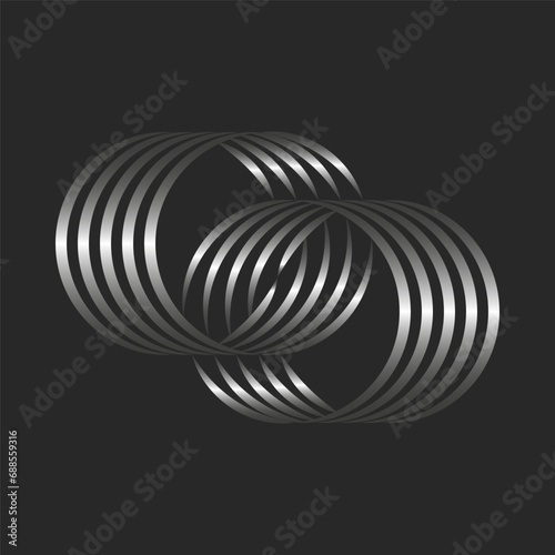 Two circles logo from overlapping parallel lines silver gradient, minimal style circular smooth shape.