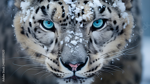 Fototapeta Portrait of a fierce and curious Snow Leopard, Stunning Snow Leopard Portrait, Wild Snow leopard during snowfall, Portrait of a fierce and curious Snow Leopard
