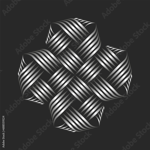 Intertwined weaving pattern Celtic cross shape logo for a jewelry store or workshop, overlapping thin parallel lines of silver threads.