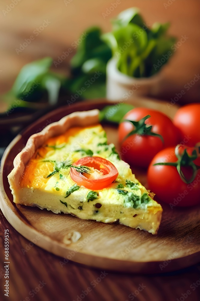 A slice of cheese and tomato pizza on a cutting kitchen wooden board, blurred background.