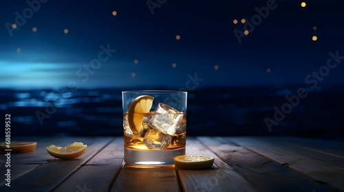 Glass with water, ice and lemon on wooden table, moon in the sky in the background. Glass of whiskey