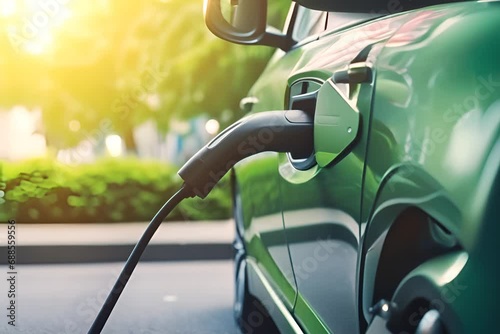 Close up details of future technology, electric car charging from charging station. EV car charging