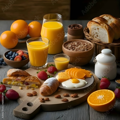 Breakfast with orange juices and croissant on a cutting kitchen wooden board, blurred background.