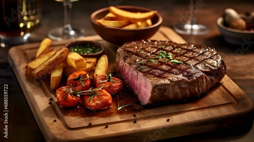 Grilled beef steak with tomatoes, fries and wine on a cutting kitchen wooden board.