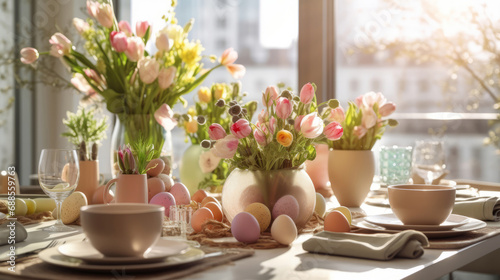 easter table setting with spring bouquet and pastel easter eggs  easter morning 