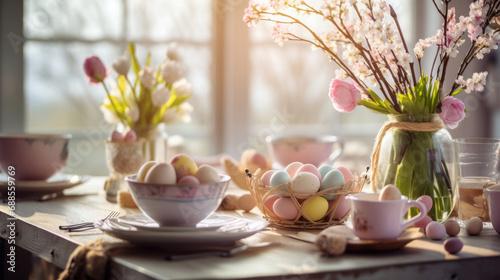 close up of easter table setting with spring bouquet and easter eggs, easter morning 