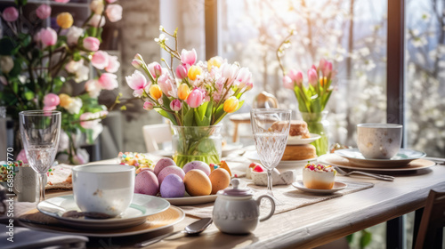 easter table setting with spring bouquet and easter eggs, easter morning 
