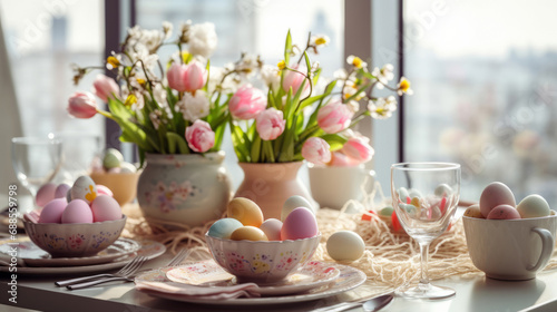 easter table setting with spring flowers and easter eggs photo