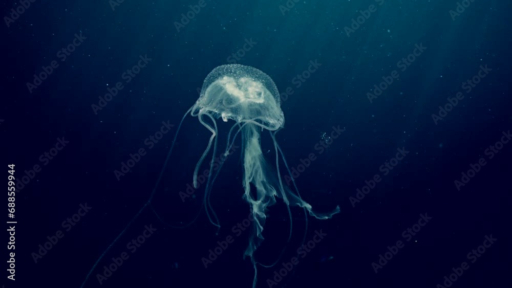 Mauve Stinger Jellyfish floats on deph sea. Mauve Stinger, Night-lightx Jellyfish, Phosphorescent jelly or Purple people eater (Pelagia noctiluca) swims on blue deep of Ocean