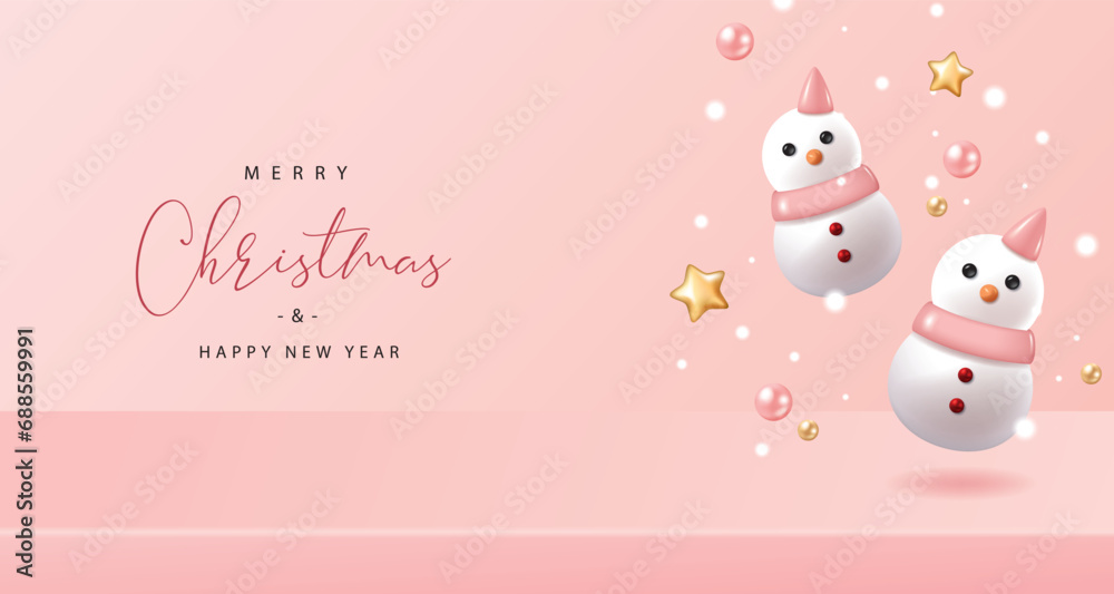 Christmas banner with snowman on pink background. Vector illustration for poster, flyer, banner, greeting card and advertisement.